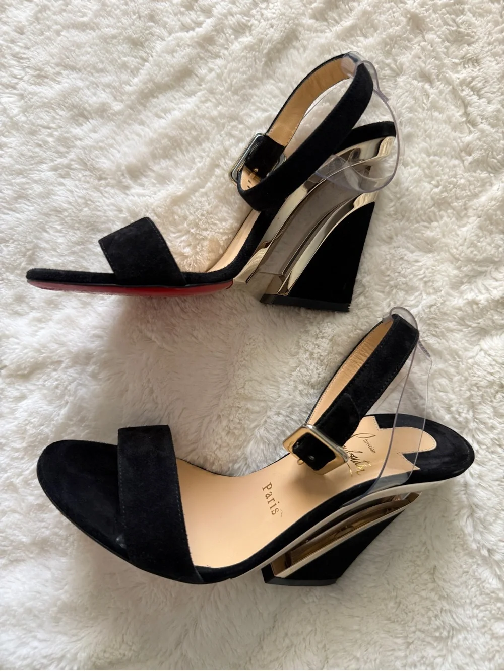 Christian Louboutin Levitalo 100 Black Suede PVC Wedges EU 36